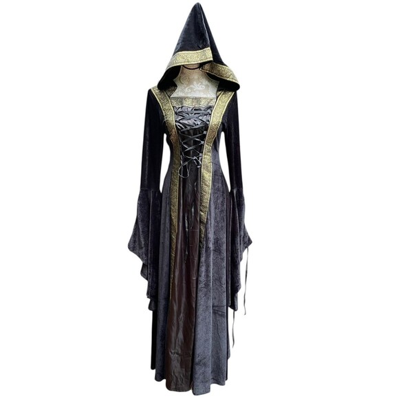 Medieval Renaissance Hooded Gown Black Velour Gold Trim Lace Up Bodice Size M - Picture 4 of 13